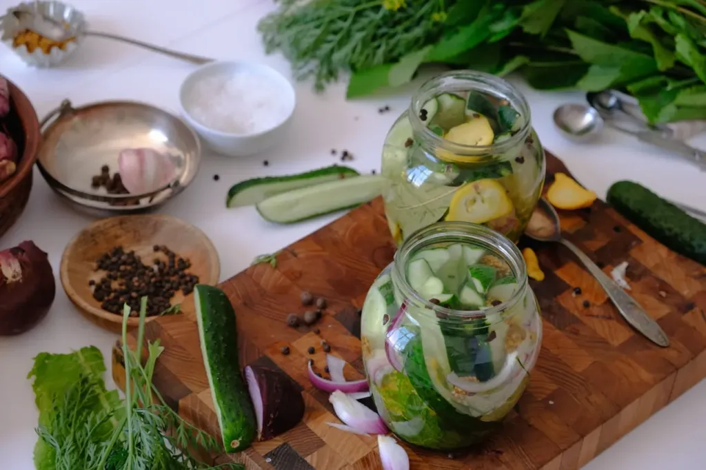 Beginner fermentation setup with glass jars, salt, and fresh vegetables on a kitchen counter