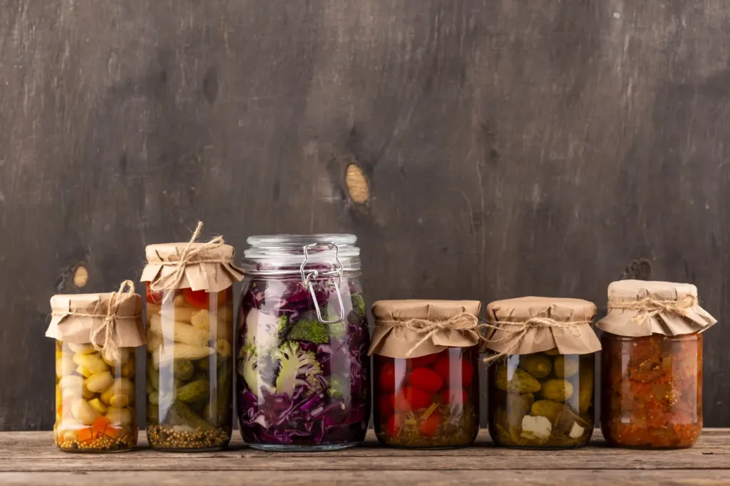 Vegetables completely submerged under brine with fermentation weight in glass jar