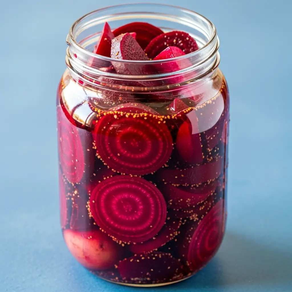 A vibrant, jewel-toned quart jar of fermented beet with maca, with visible bubbling activity and a fermentation weight keeping the beets submerged.