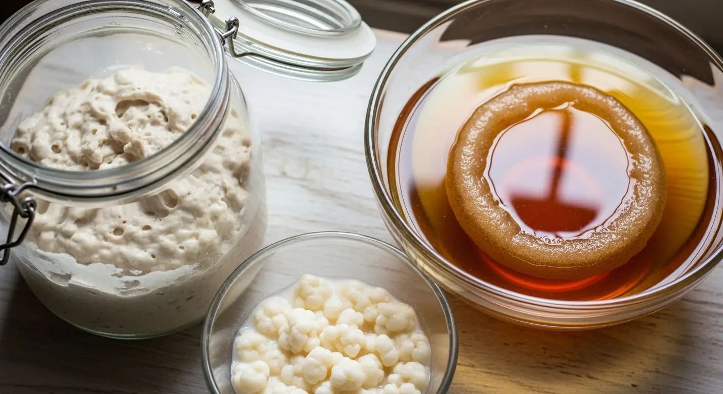 home fermentation starter cultures in small glass bowls