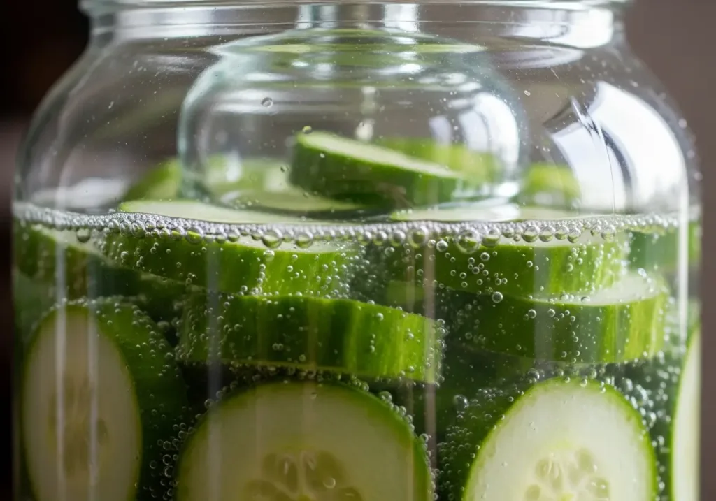 Close-up of a glass jar with green fermented cucumbers submerged under cloudy brine by a glass fermentation weight, with bubbles.