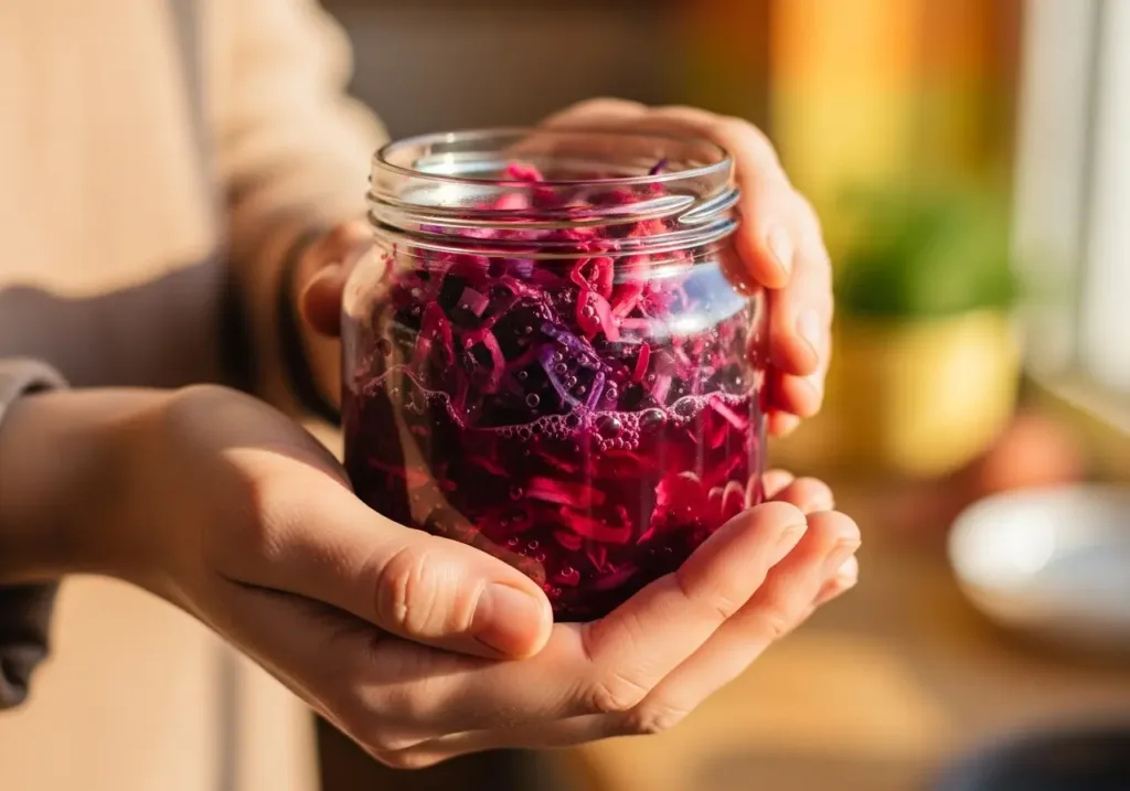 Close-up of hands gently holding a jar of jewel-toned fermented vegetables (e.g., beet kvass or purple cabbage).