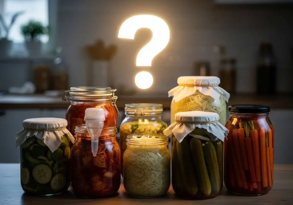 Stylized large question mark above several fermentation jars (kimchi, sauerkraut, pickles) in a kitchen setting.