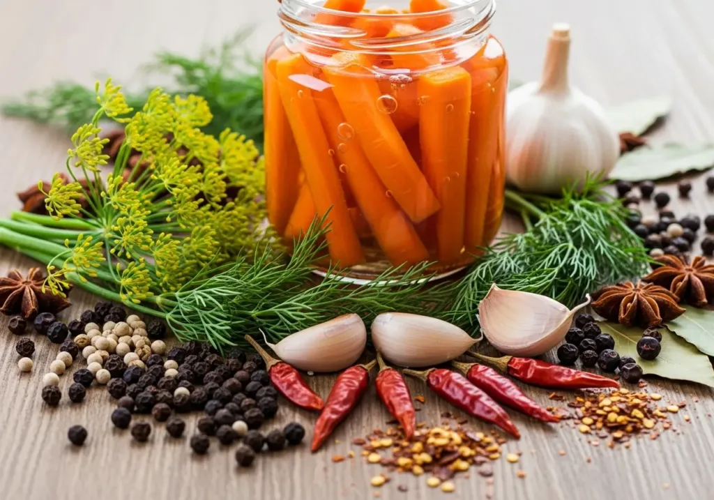 Assortment of fresh dill, garlic cloves, black peppercorns, and red chili flakes arranged around a jar of fermented carrots.