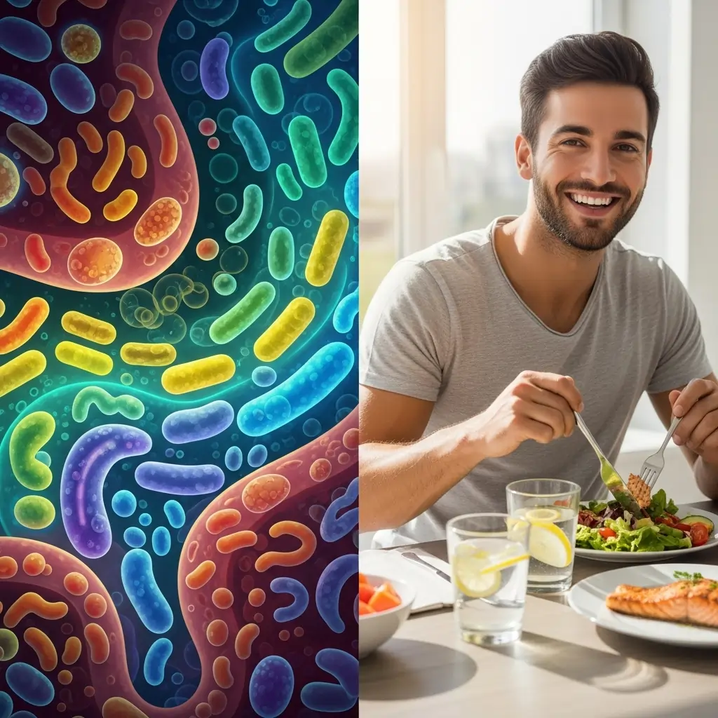 A split illustration depicting a diverse, healthy gut microbiome, Fermentation Tips for Beginners