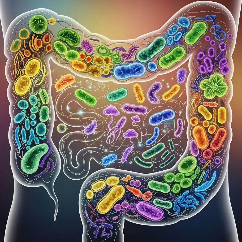 Abstract illustration of a diverse and balanced gut microbiome within the human intestine.