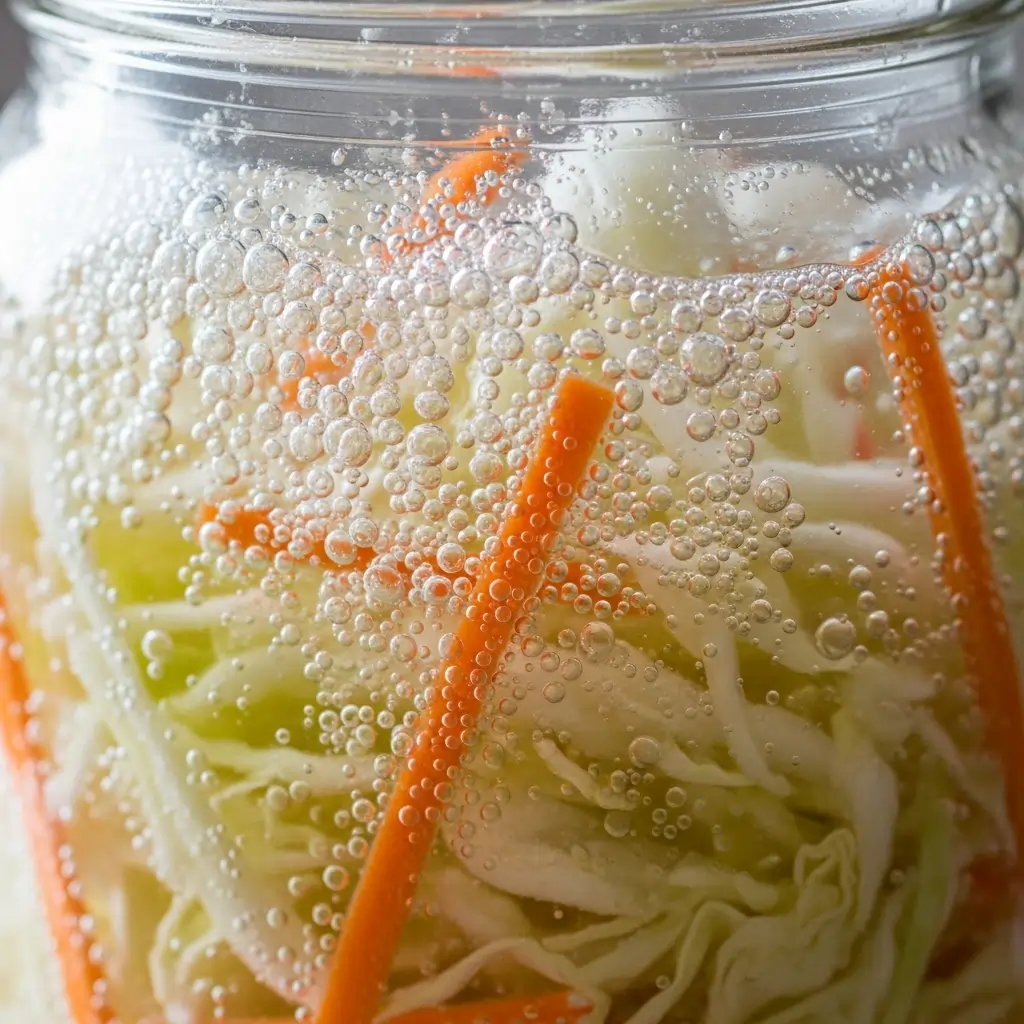 Close-up of active fermentation with bubbles in a glass jar of vegetables.