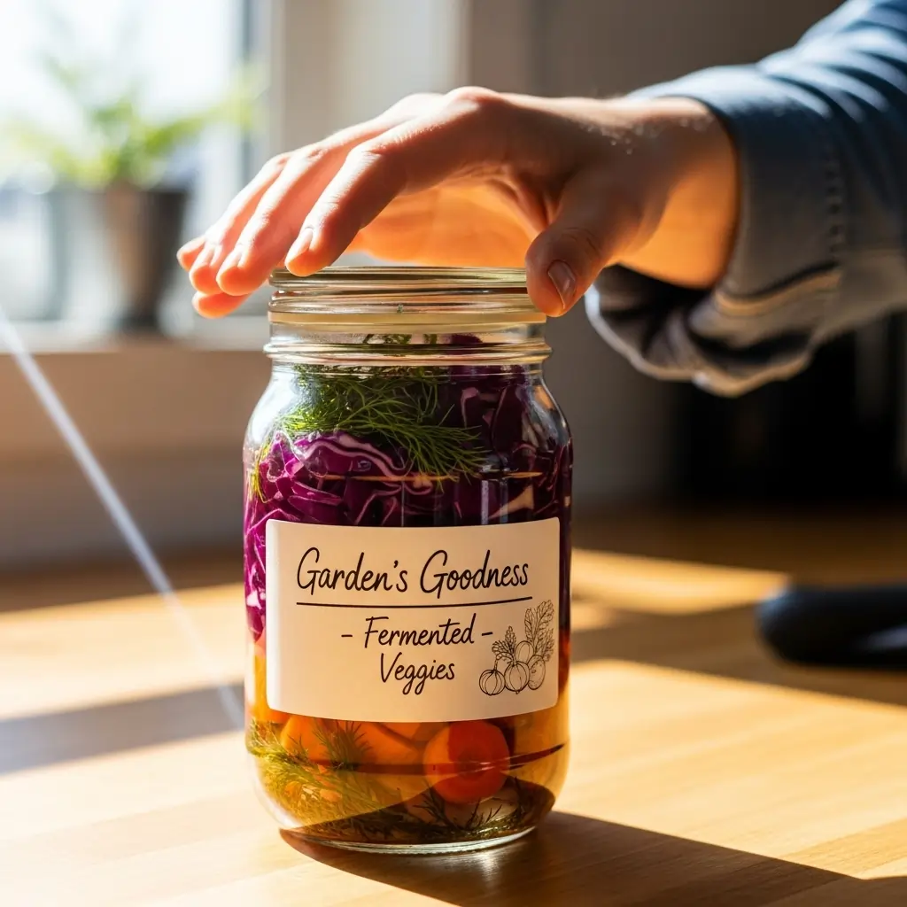 Hand reaching for a jar of homemade fermented vegetables, symbolizing the start of a fermentation journey
