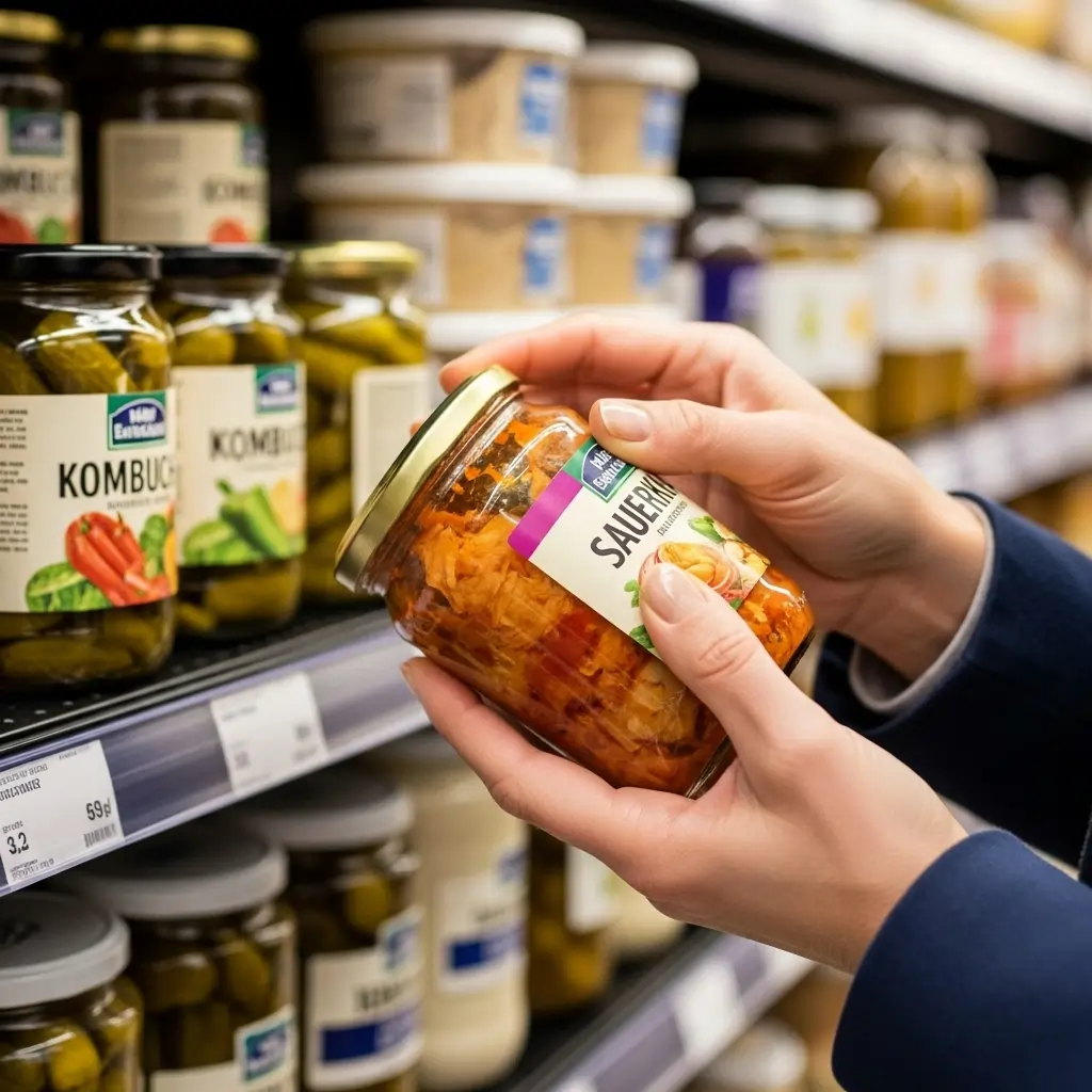 Hands examining the label of a fermented food product in a grocery store.