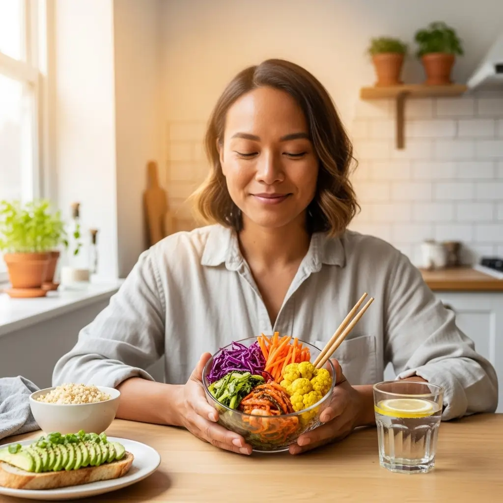 Healthy person enjoying a meal with fermented vegetables, symbolizing holistic well-being.