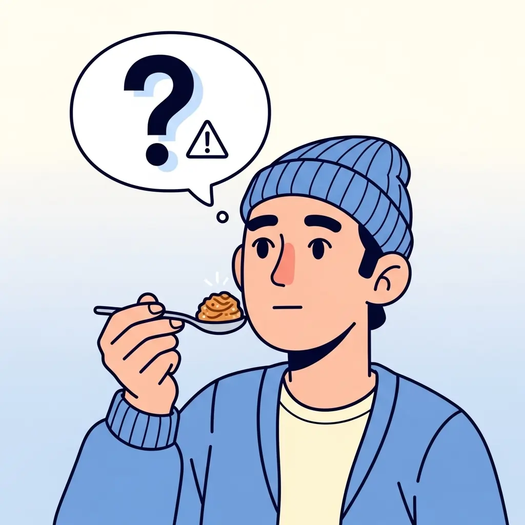 Illustration of a person cautiously tasting fermented food, symbolizing potential risks and considerations.