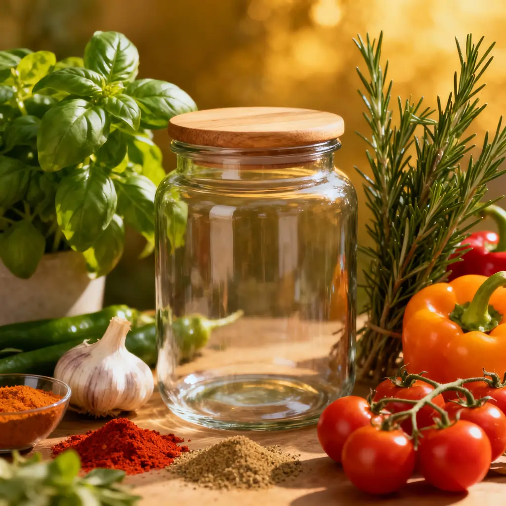 fresh herbs (dill, rosemary), spices (garlic, ginger, chili flakes)