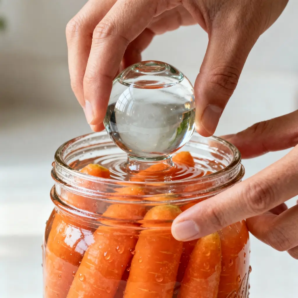 glass fermentation weight into a jar of sliced carrots
