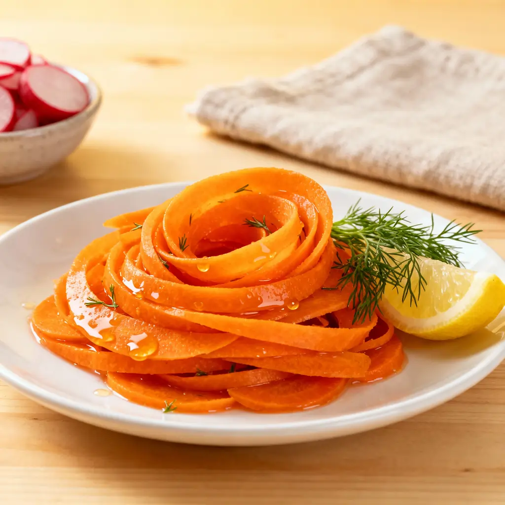 plated dish featuring vibrant orange fermented carrots served as a crunchy, tangy side