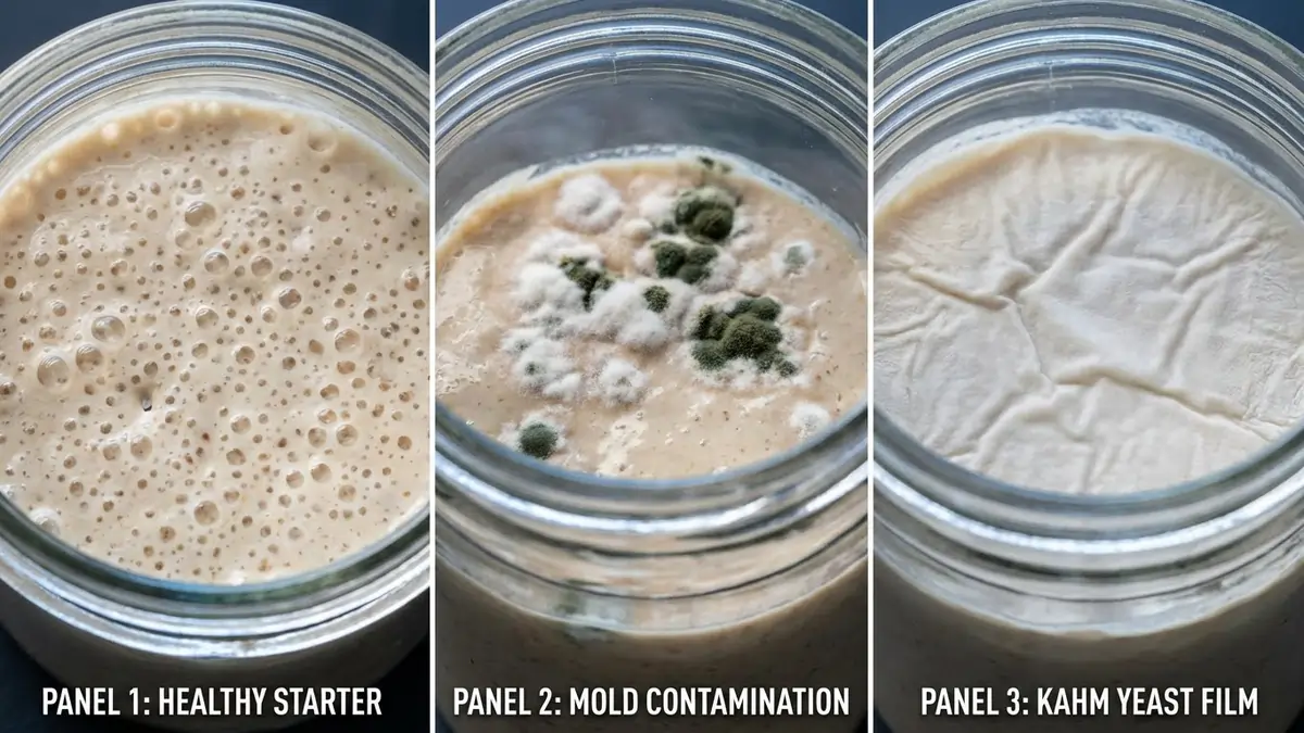 Comparison of healthy bubbly sourdough starter versus starter with mold and kahm yeast