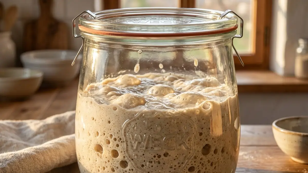 Active bubbling sourdough starter in a glass jar on a wooden kitchen counter with morning light.