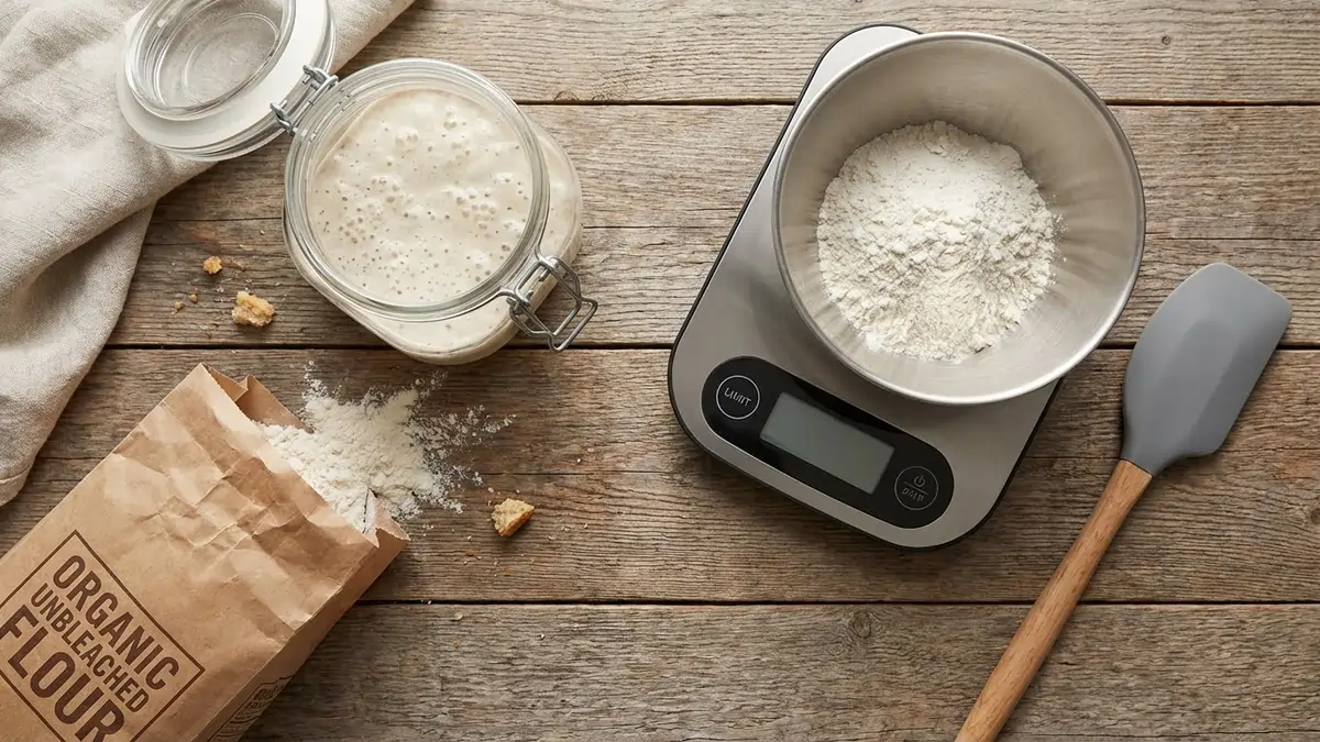 Sourdough starter guide tools: glass jar, digital scale, organic flour on wood