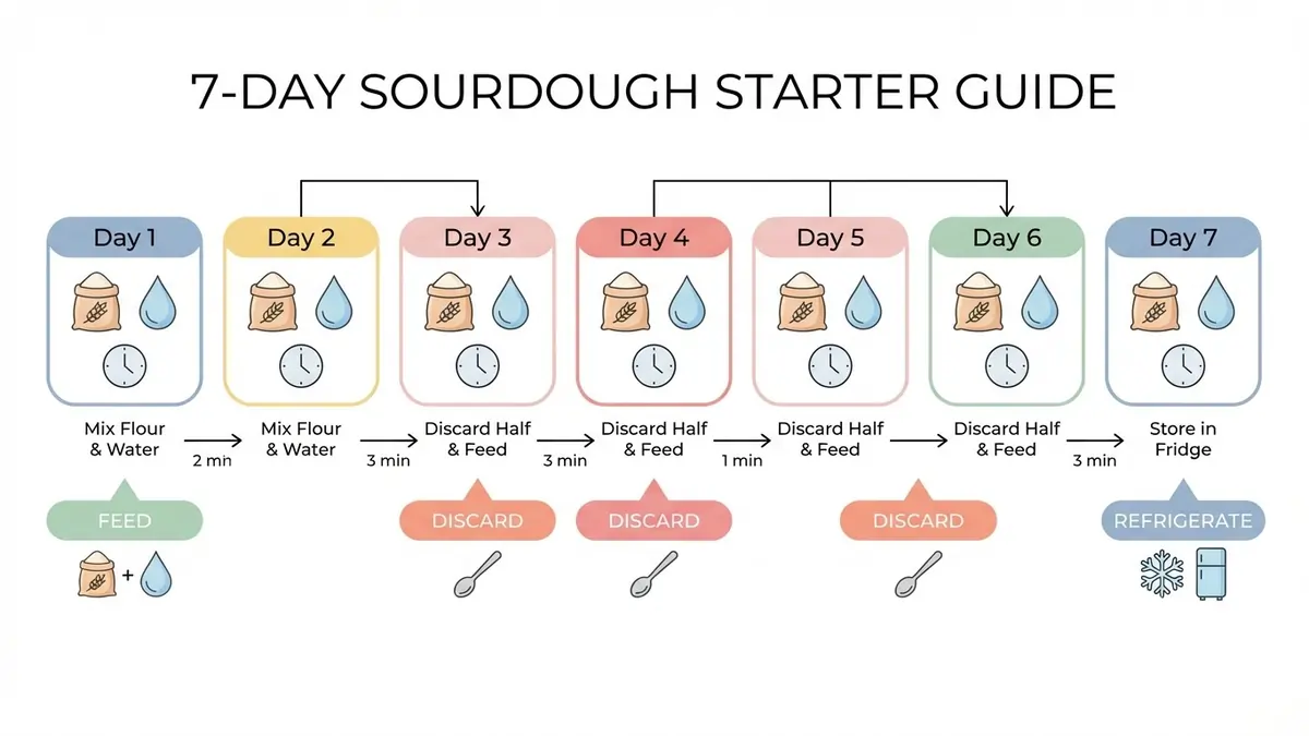 Infographic showing a 7-day sourdough feeding schedule with pause and revive points