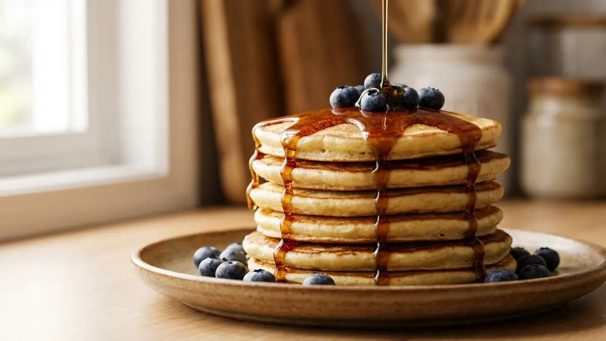 Stack of fluffy pancakes made from sourdough discard topped with syrup and berries