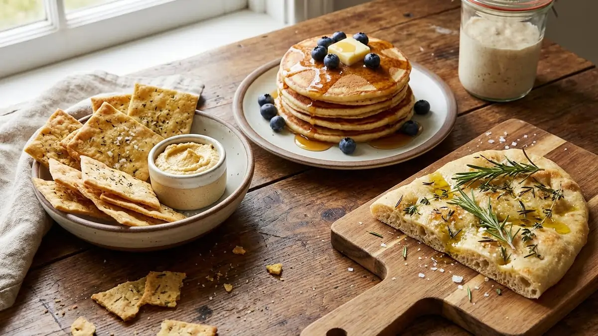 Sourdough discard crackers, pancakes, and flatbread made from unfed starter
