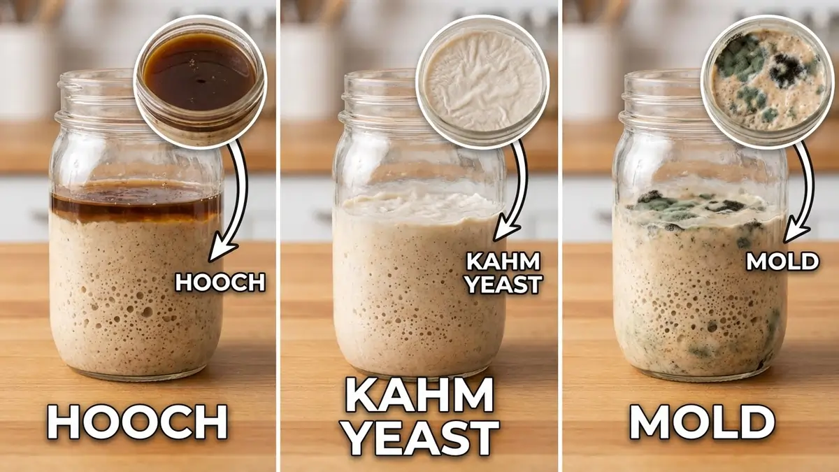 Hooch (dark liquid), kahm yeast (white film), and mold (fuzzy colored growth) in sourdough starters