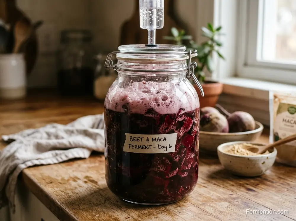 Deep earthy fermented beets with maca powder actively bubbling in glass jar - fermented beets with maca for men