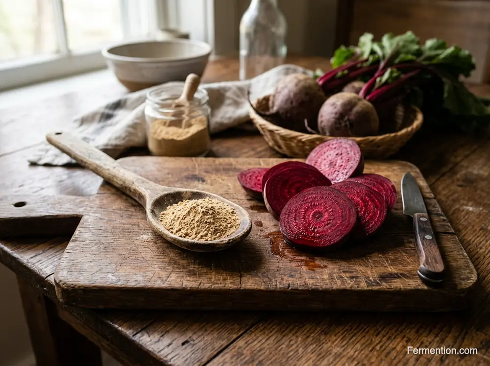 Raw maca powder and sliced beets on cutting board - fermented beets with maca for men ingredients