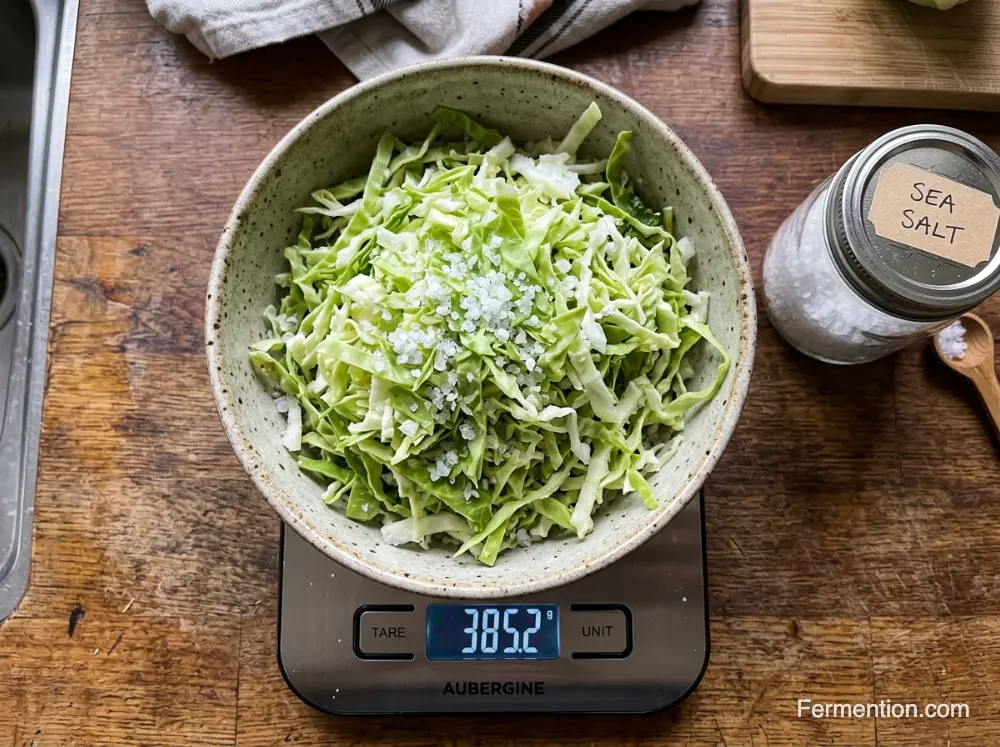 Close-up top-down shot of digital scale with shredded cabbage bowl showing salt crystal texture and glass jar - how to start fermenting at home for beginners
