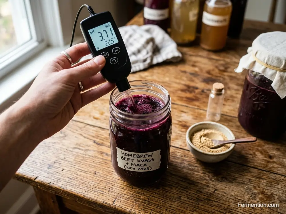 pH meter testing fermented beet kvass with maca - fermented beets with maca for men safety testing