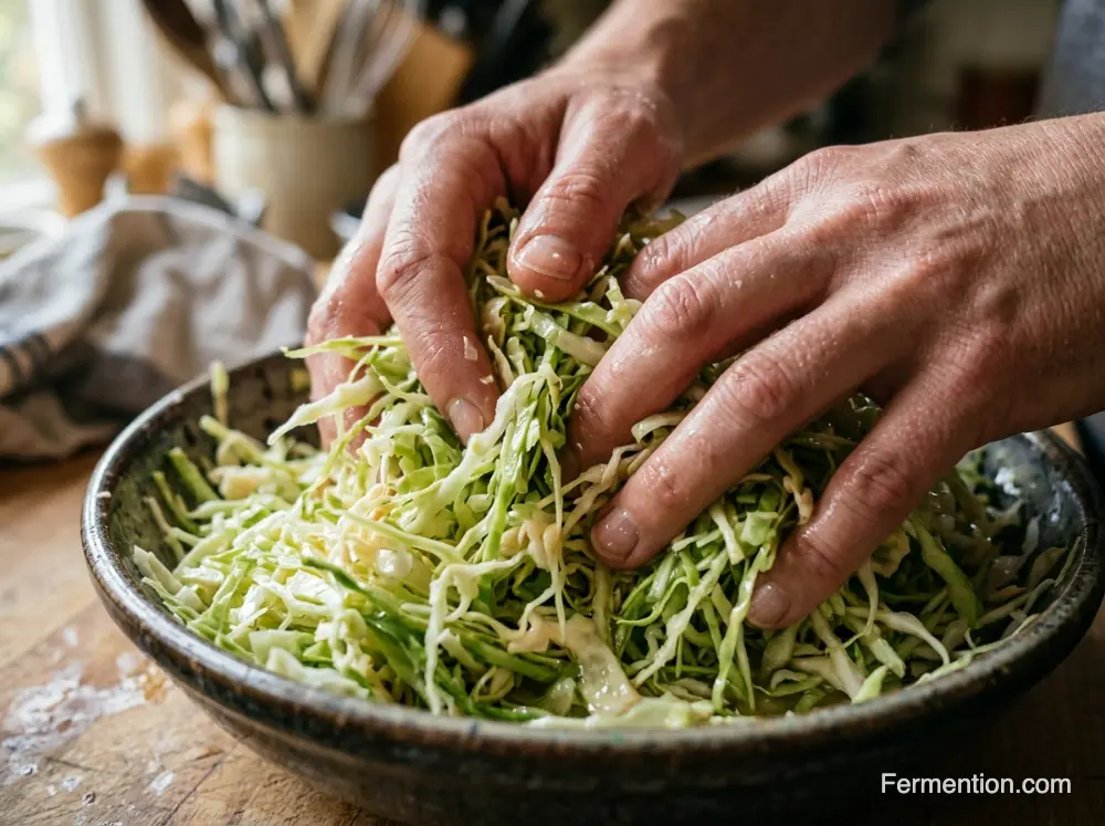 Macro shot of hands massaging shredded cabbage showing moisture glistening and tactile vegetable fiber texture - how to start fermenting at home for beginners