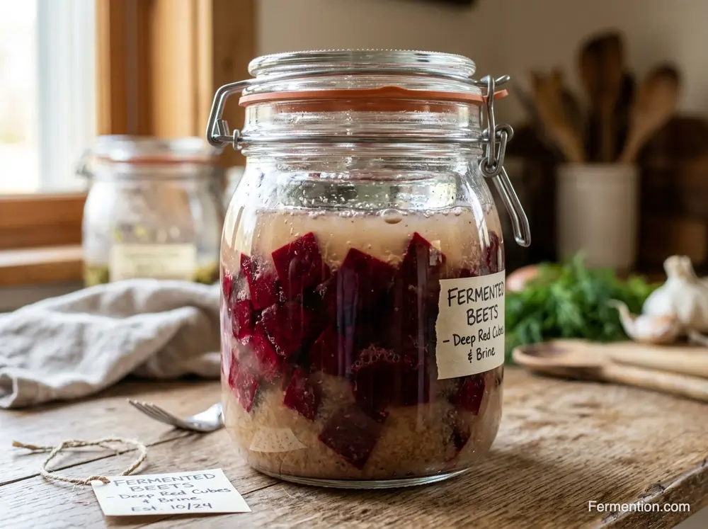 Glass fermentation jar with beet cubes and glass weight in maca brine - fermented beets with maca for men process
