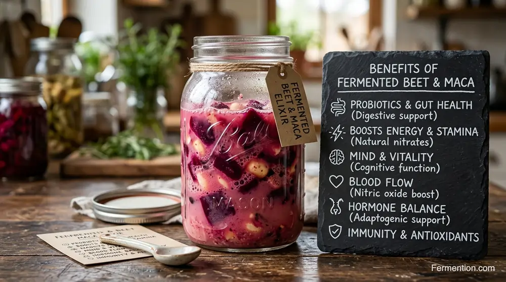 Macro shot of fermented beet and maca in jar with pink brine showing benefits of fermented beet and maca