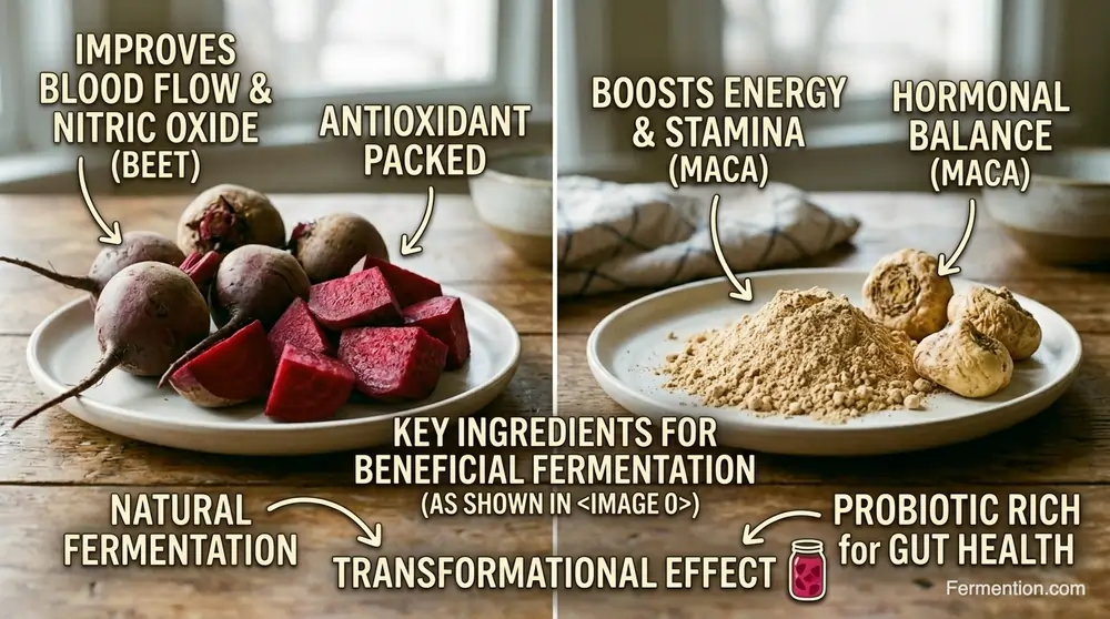 Still life of raw beets and maca powder comparing ingredients for benefits of fermented beet and maca