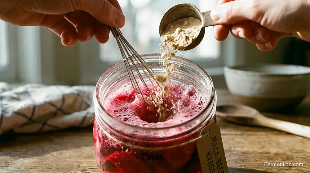 Action shot of whisk mixing maca powder into beet brine for benefits of fermented beet and maca