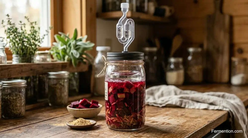 Side profile of mason jar with airlock and fermentation weight for benefits of fermented beet and maca
