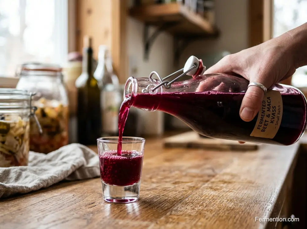 Shot glass filled with fermented beet maca kvass - fermented beets with maca for men serving