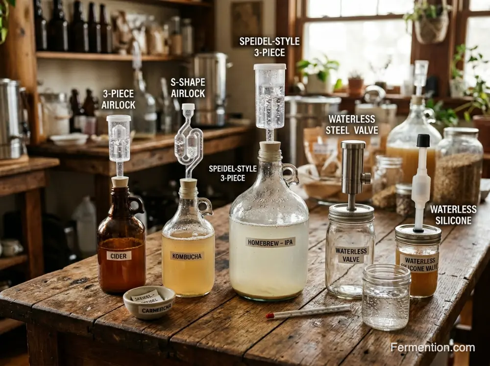 A variety of modern fermentation airlocks including 3-piece S-shape and waterless valves on weathered oak table best airlock for fermenting