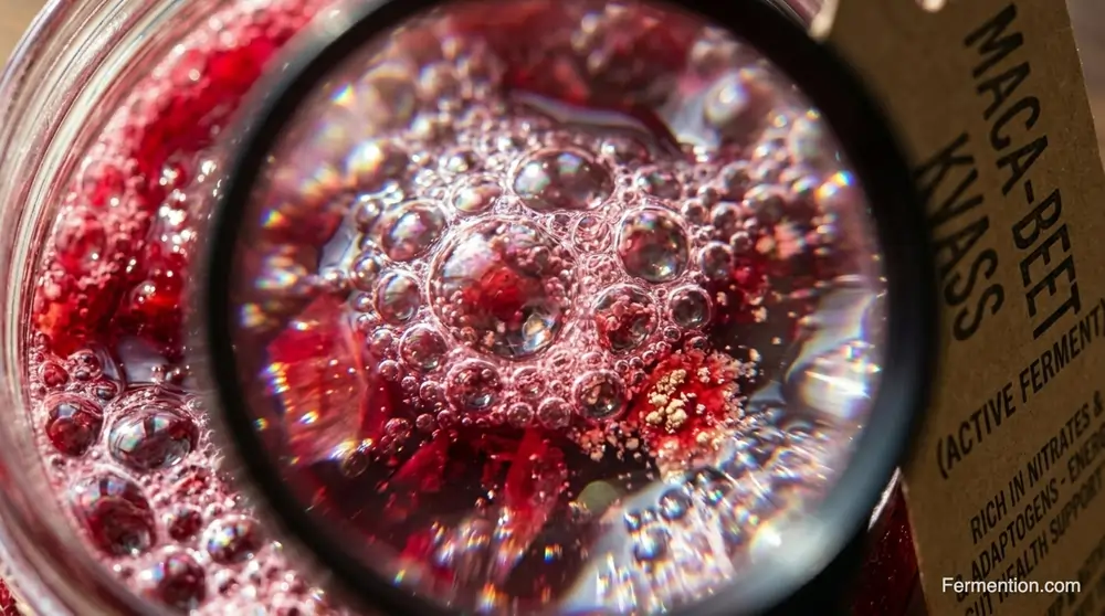 Macro photography of CO2 bubbles in fermentation jar showing benefits of fermented beet and maca activity