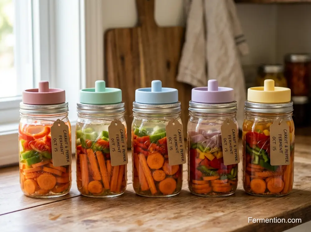Row of Mason jars with pastel silicone waterless airlocks fermenting carrots and peppers best airlock for fermenting