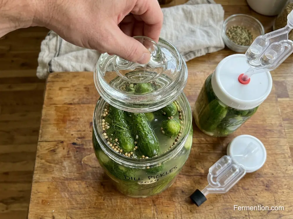 Top-down view placing glass weight on cucumbers with airlock ready in background best airlock for fermenting